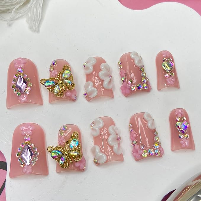 Handmade Press on Nails Butterfly Press on Nails Short Duck Shaped Fake Nails Rhinestones Acrylic Nails Full Cover Reusable Flower False Nails for Women Girls Nail Accessories (Size S)