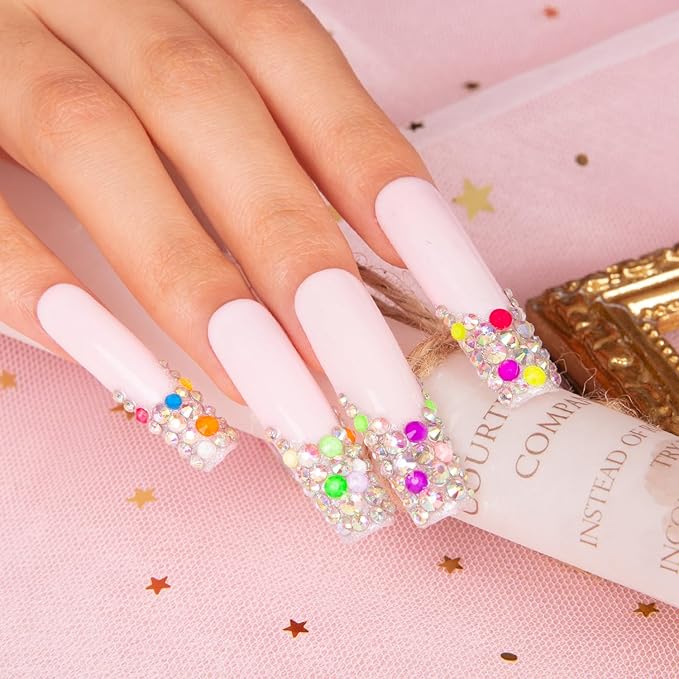 LOVFUL Press on Nails Jelly Beans | Handmade with Full Covered Crystals | Reusable Fake Nails | Square Mid length 1.7in | H125-S