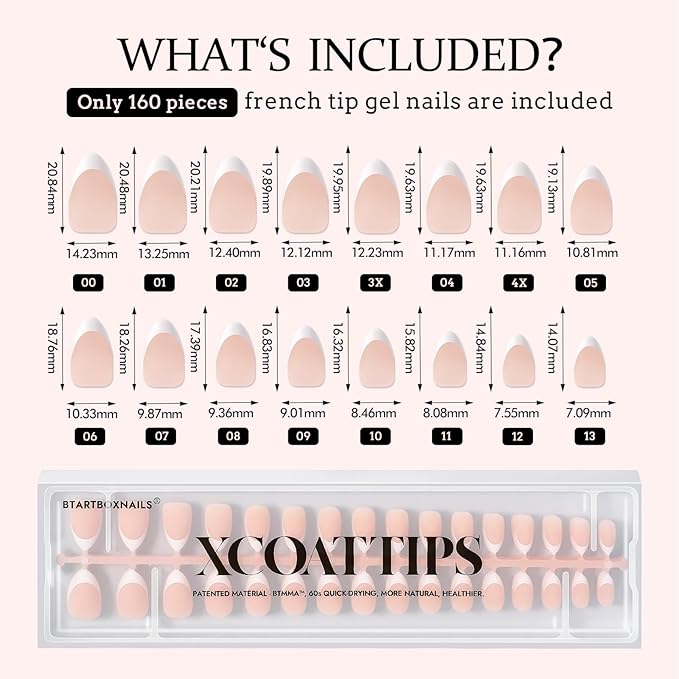 BTArtboxnails Soft Gel Nail Tips - XCOATTIPS French Series French Tip Press on Nails, Short Almond Press On Nails, Nude Acrylic Fake Nails Glue On Nails Extension Set