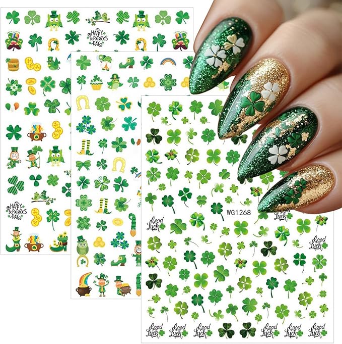 6 Sheets St. Patrick's Day Nail Art Stickers 3D Self Adhesive Green Shamrock Nails Stickers Rainbow Golden Jar Coin Design Irish Nail Decals Nails Art Supply for St. Patricks Day Manicure Decoration