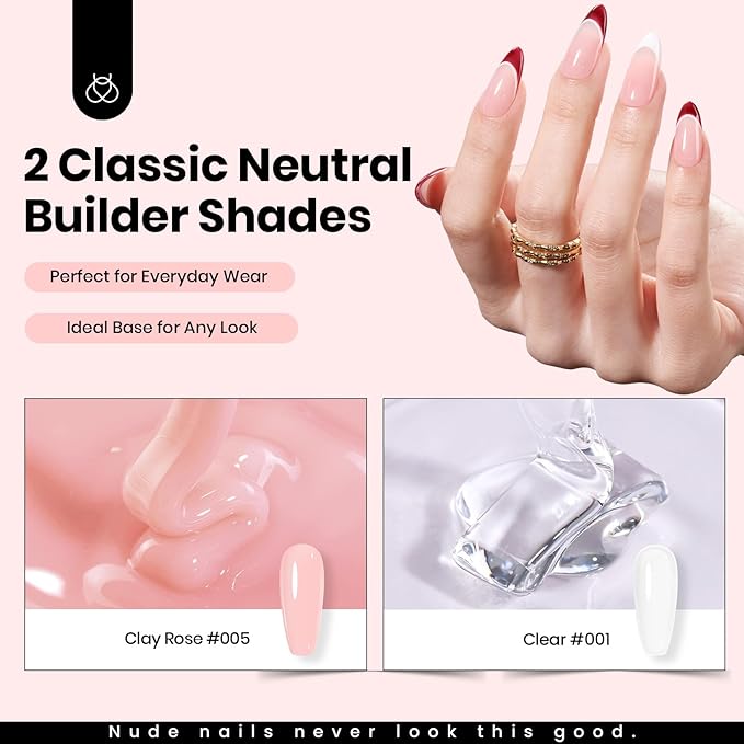 Beetles HEMA-Free Hard Gel for Nails-2 Pcs 1 oz 9 in 1 Clear & Jelly Nude UV & LED Lamp Cured Sculpting Gel for Nail Extension & Nail Repair with Flat Nail Brush High Hardness Nails for Pros Women