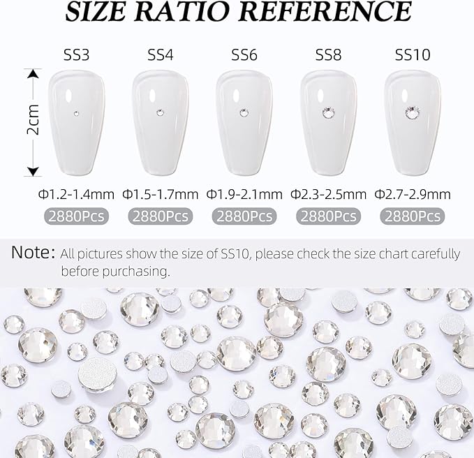 Crystal Clear Flatback Rhinestones, Glass Rhinestones for Nail Art and Craft, Glue Fix, Loose Crystal Gemstones(Crystal, SS3, 2880pcs, 1.3-1.4mm)