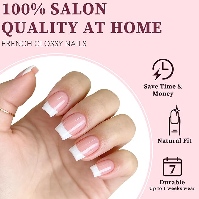120PC White French Tip Press on Nails Short Fake Nails Press ons with 5*Adhesive Tabs, Pink Square Acrylic Nail Press on Nail French Tip Nails False Artificial Fingernails Stick on Nails-F