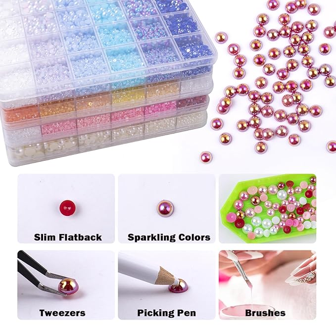 9960 Pink AB Pearls Rhinestones, Assorted Size 3/4/6/8mm Flatback Half Pearls for Crafts, Tumblers, Shoes, Nails, Face Art
