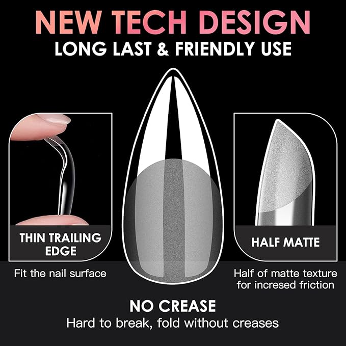 Medium Stiletto Soft Gel Nail Tips, BORNBYME 240 PCS Pre Buff Full Cover Shaped Nail Extenison Tips Half Matte Gel Nail Tips