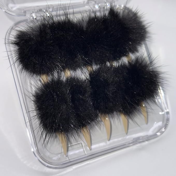 10 Pcs Luxury Press on Nails Medium Curved Stiletto Handmade Cat Claw Reusable Fake Nails Unique Cat Claw False Nails with Black Furry Fur Designs Glossy Glue on Nail Thick Acrylic Nail (S)
