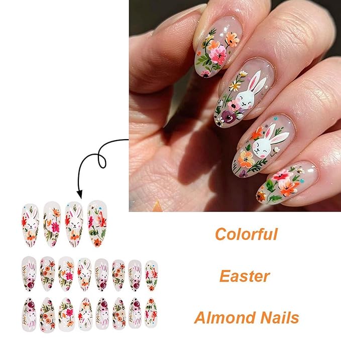 Easter Rabbit Press on Nails Medium Almond Shaped Fake Nails Cute Bunny Rabbit Designs Spring Colorful Flower False Nails Full Cover Acrylic Nails Stick on Nails for Women Nails Manicure Decor 24 Pcs
