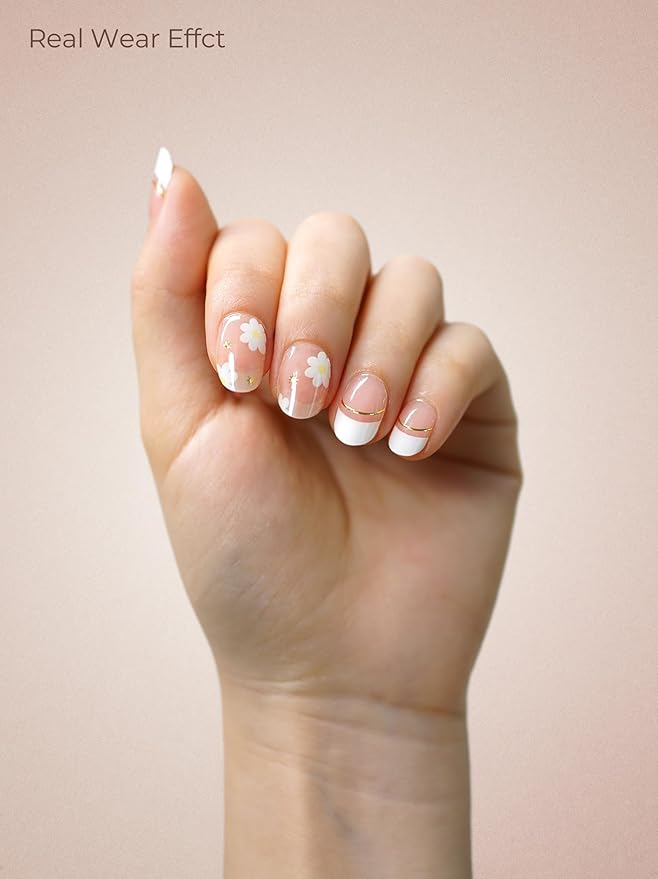 Real Gel Nail Strips (No UV Light Needed) - 44Pcs Salon Quality Nail Stickers - Long Lasting Polish Wraps for Women, Easy Apply & Remove (Blossom Nude)
