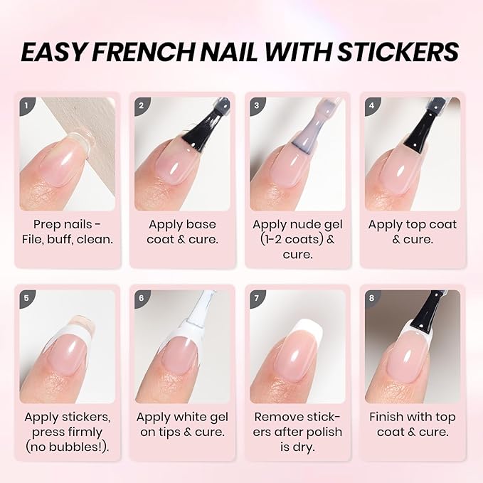 Beetles French Tip Gel Polish Set - White Nude Pink Gel Nail Polish Set Soak Off UV LED with 2 Styles Bubble French Manicure Nail Art Sticker Sheets for DIY Home & Salon Easter Gift for Women