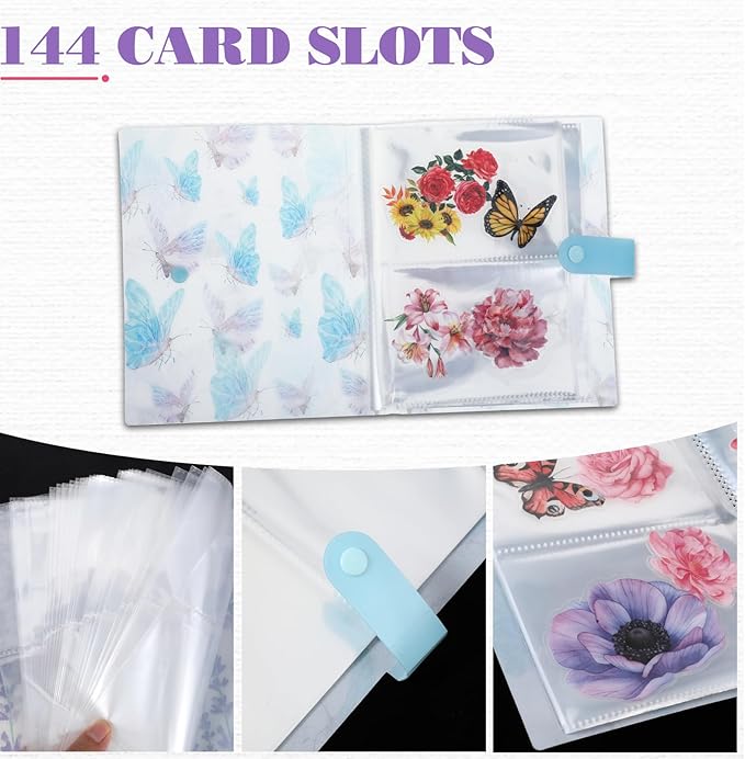 144 Slots Nail Art Artistic Stickers Storage Book Transparent Decals Organizer Tools DIY Design Manicure Decoration Empty Photo Display Showing Collecting Album Holder(Blue Butterfly)