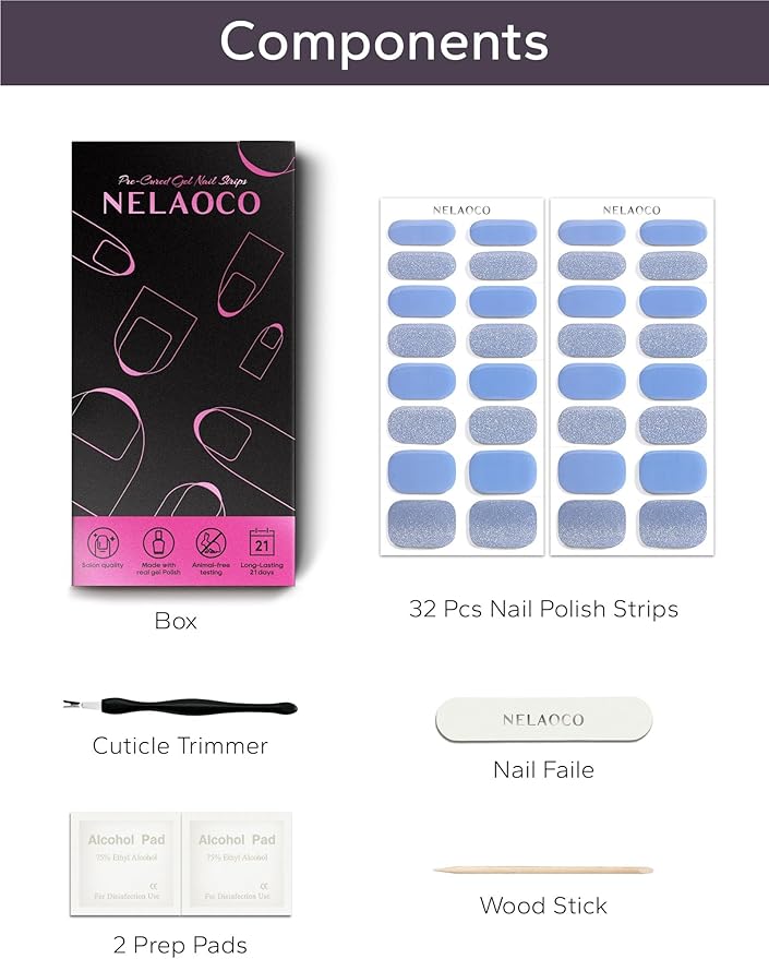 Nail Polish Strips – 32PCS UV Free Salon Quality Wraps, Long Lasting Gel Nail Stickers for Women (Glacial Blue Glitter)