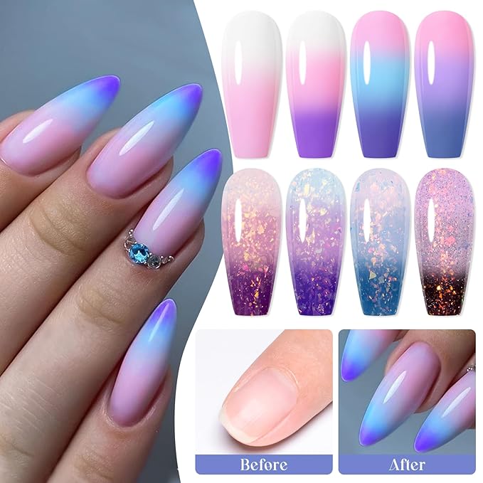 MEET ACROSS 8Pcs Color Changing Gel Nail Polish Set Pink Purple Glitter Temperature Mood Changed Gel Polish DIY Salon Manicure Kit