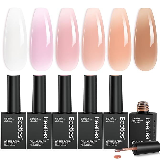 Beetles Jelly Gel Nail Polish Set, 6 Colors Milky White Nude Pink Sheer Brown Gel Polish Kit Nail Concealer Translucent Effect Soak Off Uv French Nail Art Gift for Women Ultimate Monochrome Collection