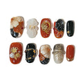 Sun&Beam Nails Handmade Press-on Short Round Red Black Gold Flower 3D Hand-Painted Design Fashion False Nail Tips 10 Pcs Set (#216 M)