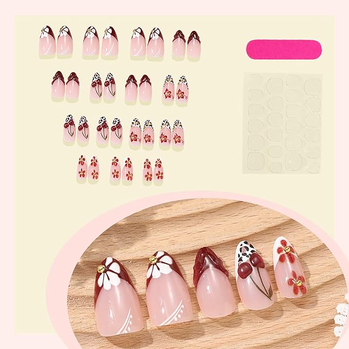 French Tip Press on Nails Medium Almond MABKJLF Fake Nails 3D False Nails with Flower Cherry Leopard Print Gold Ball Designs Glossy Glue on Nail Full Cover Acrylic Nails for Women Girls 30Pcs