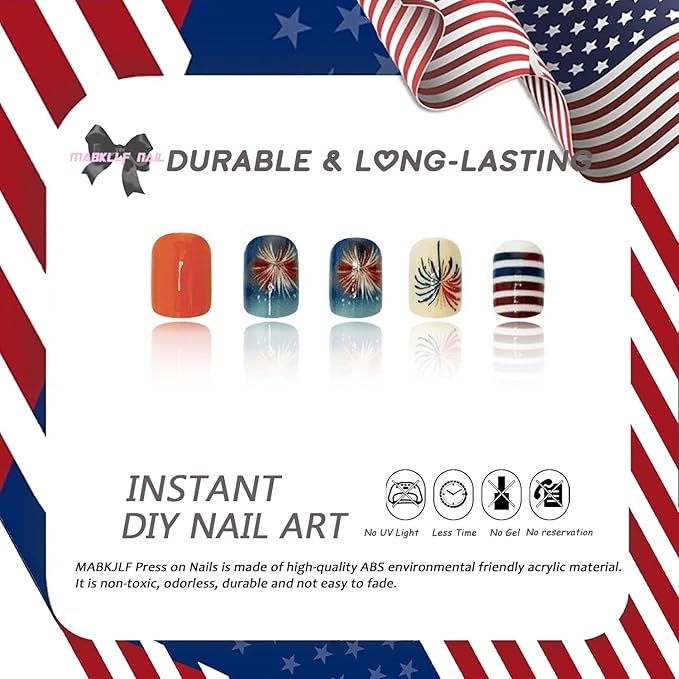 4th of July Press on Nails Short Square MABKJLF Fake Nails Fireworks Stars False Nails with Designs Full Cover Glossy Glue on Nails Blue Red White Acrylic Nails for Women Girls 24 Pcs