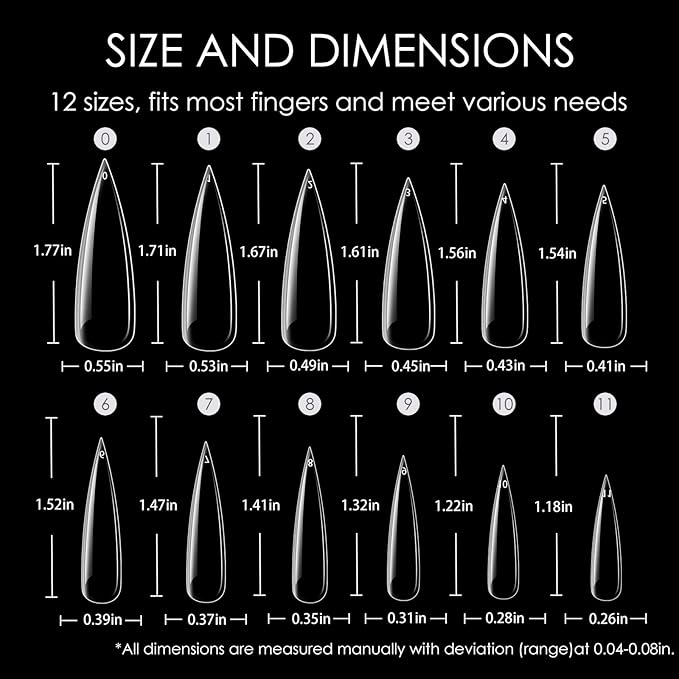 Stiletto Nail Tips, 360PCS Full Cover Clear ABS False Nails for Acrylic Nails, DIY Nail Art & Manicure Salon, 12 Sizes