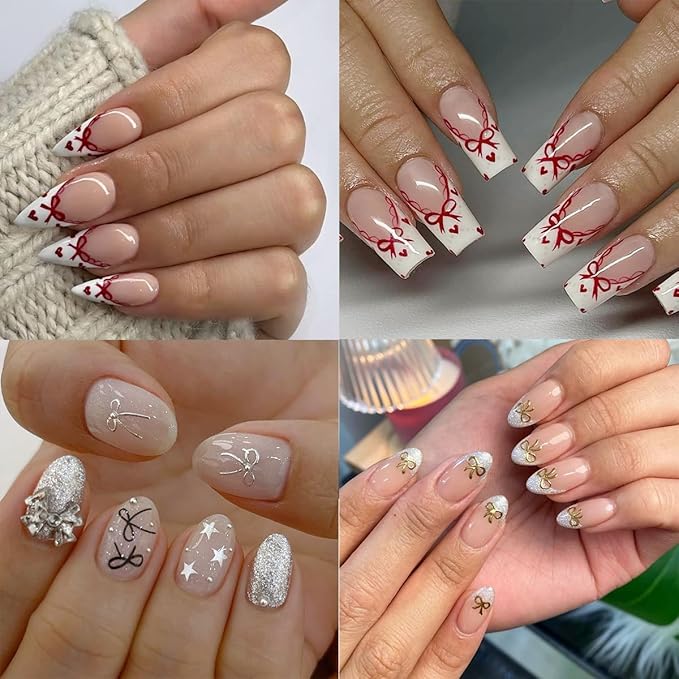 6Sheets Bow Nail Art Stickers Decals 3D Self Adhesive Cute Nail Decals Gold Silver Red Heart Bow Nail Supplies Design Valentines Nail Stickers French Tip Nail Decorations for Women DIY Manicure
