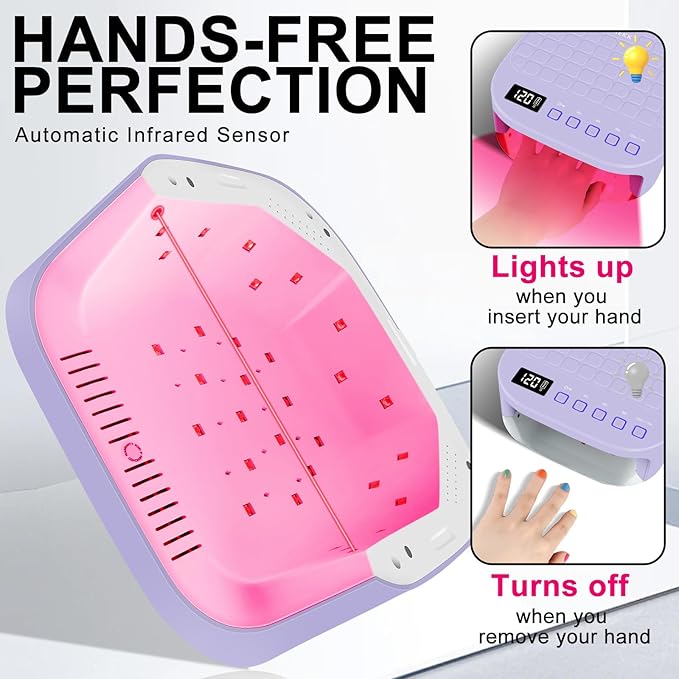 MEKK Cordless UV LED Nail Lamp, 54W UV Light for Gel Nails with Hand-Friendly Red Light, Auto Sensor Professional Flash Cure Lamp with Rotatable LCD Display for Salon and Home, Checkered Design-Purple