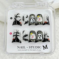 Halloween Press on Nails Ghost Press on Nails Short Duck Fake Nail with Pumpkin Head Bat Designs Handmade Full Cover Glitter Halloween Glue on Nail for Women Girls (Size M)