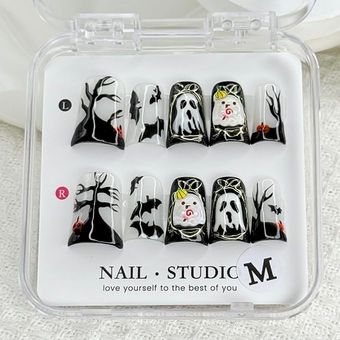 Halloween Press on Nails Ghost Press on Nails Short Duck Fake Nail with Pumpkin Head Bat Designs Handmade Full Cover Glitter Halloween Glue on Nail for Women Girls (Size S)