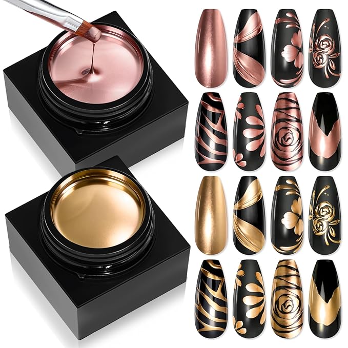 SAVILAND Metallic Gel Nail Polish Set: 2PCS Chrome Gel Polish Antique Rose Gold & Gold Golden 3D Metal Painting Gel for Glossy Mirror Effect Soak Off UV LED Chrome Nail Art Home Salon DIY