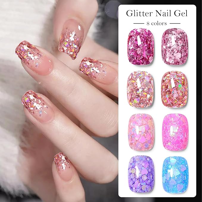 MEET ACROSS 9Pcs Glitter Gel Nail Polish Set with Nail Brush, 8 Colors Including Pink Blue Purple Sequins Gel Polish for Nail Art DIY Manicure Gift for Women