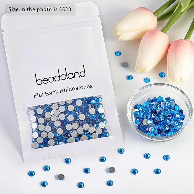 Beadsland 576pcs Flat Back Crystal Rhinestones Round Gems for Nail Art and Craft Glue Fix, Capri Blue, SS30,6.3-6.5mm