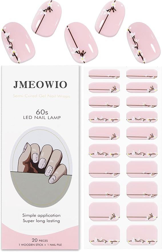 JMEOWIO Gel Nail Stickers White Flower Semi Cured Gel Nail Strips Wraps UV/LED Nails Art Design Decoration Accessories