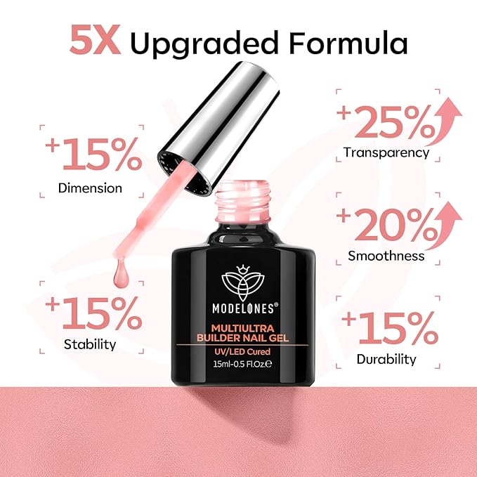 modelones Builder Nail Gel, Peach Pink Builder for Nails No Top Coat Needed, Glossy Jelly Finish Peach Blush, No-Wipe, C-Curve Sculpting, 9-in-One LED Lamp Cured Color Gel Polish for Quick Diy Salon