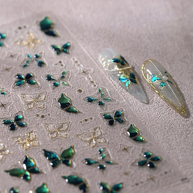 1 Sheets Green Embossed Butterfly Nail Decals for Nail Art Shiny Gold Butterfly Nail Stickers 5D Self-Adhesive Star Nail Decoration Spring Summer Nail Art Stickers for Women Girls Nail Design