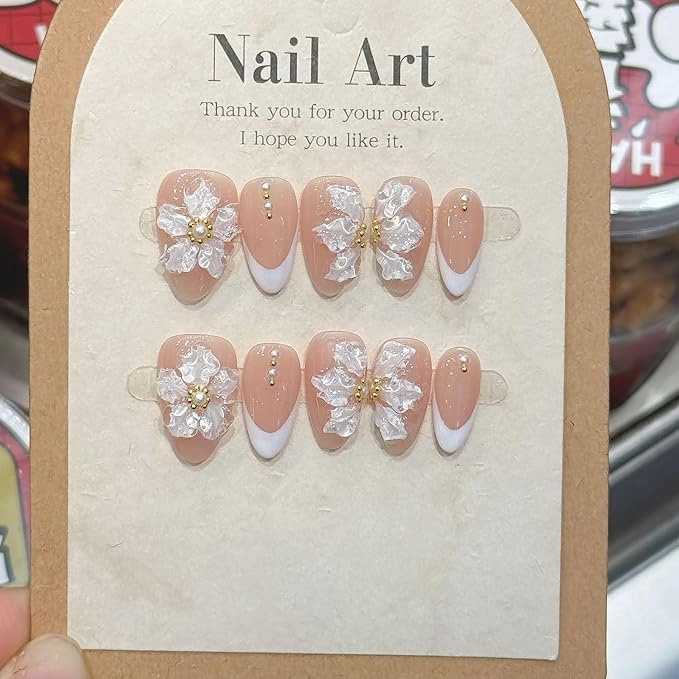 Handmade Press on Nails Medium Almond White French Acrylic Nails 3D Flower Embossed False Nails Reusable 3D Flower and Pearl Handmade for Girls Manicure Art Decoration Accessories (Size M)