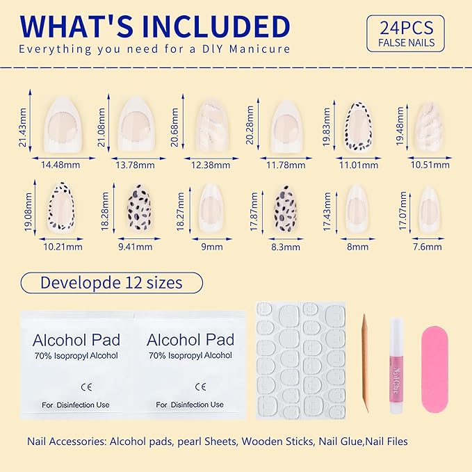 Short Almond Press On Nails, Nude Black White Mix Design Fake Nails with Dotted Tips, Outline French Style and Shimmery Silver Line Art, Glossy Reusable Acrylic Glue On Nails Kit for Women