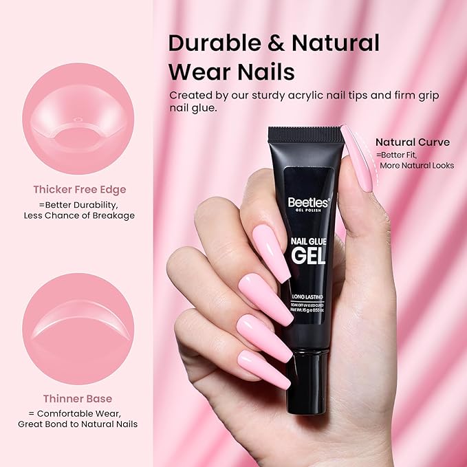 Beetles Gel Nail Kit Long Coffin, with Dehydrator and Primer, 576Pcs Half Matte Etch-X Gel Nail Tips Solid Nail Glue Mini Lamp Acrylic Tips Easy DIY Extension Set Gift for Women