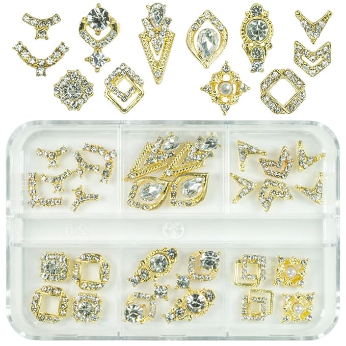 28pcs Luxury Nail Charms Alloy Charms for Nails 14 Pair 3D Gold Nail Art Rhinestones Nail Gems Golden Nail Crystal Diamonds Jewelry Stones Studs Nail Art Supplies for Nails Decor Crafts DIY