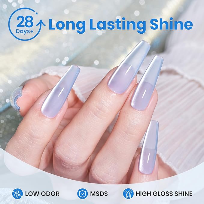Beetles Blue Cat Eye Gel Polish, 15ML Light Blue Glass Cat Eye Glitter Gel Polish with Magnet Shimmer Translucent Sheer Color Soak Off UV Frosted Galaxy Series French Nail Art Gift for Women