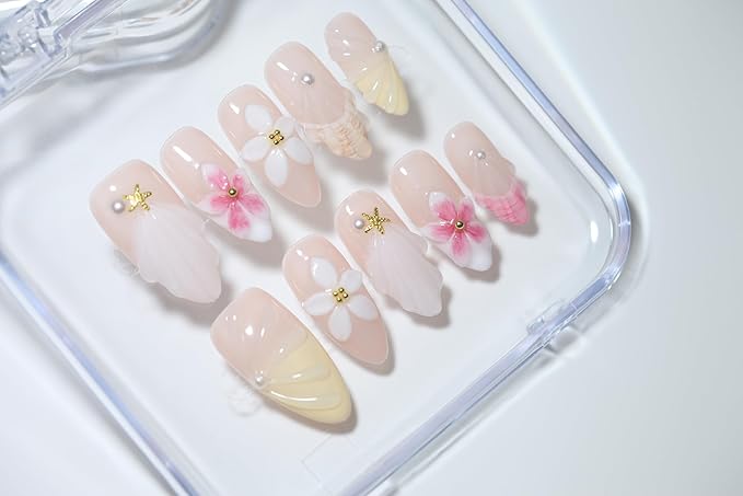 10Pcs Handmade Press-On Nails, Medium Almond Unique French Design with 3D Floral, Pearl, Starfish & Seashell. Reusable, Top-Tier Craftsmanship. For Women & Girls, Daily & Party Glamour (A014, Size M)