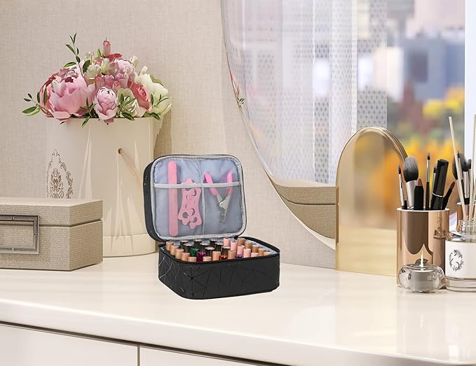 Nail Polish Organizer- Holds 30 Bottles Nail Supply Organizers and Storage Double-layer Nail Bag Organizer Case Nail varnish Organizer Nail Polish Storage Bag with Handle (Black-a)