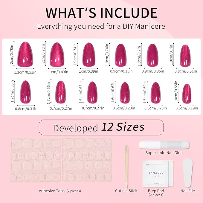 Rose Red Almond Cat Eyes Press On Nails,12 Sizes - 24 Pcs Soft Gel Red Medium Fake Nails Kit with Nail Glue, Natural Reusable Stick On False Nails for Women and Girls SK1024