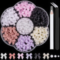 1 Box 3D Bow Charms & Flatback Pearls Set - 120 Pcs Cute Bow Charms in 6 Colors + 2-4mm White Nail Pearls with Pickup Tweezer & Pencil for Nail Art Decoration