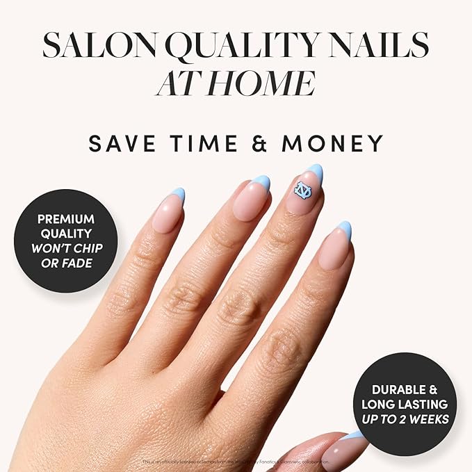 Glamnetic x Fanatics Press On Nails - North Carolina Tar Heels | Short Almond Fake Nails, Collegiate Tar Heels Blue French Tips, College Nails, Salon-Quality | 15 Sizes - 30 Nail Kit with Glue