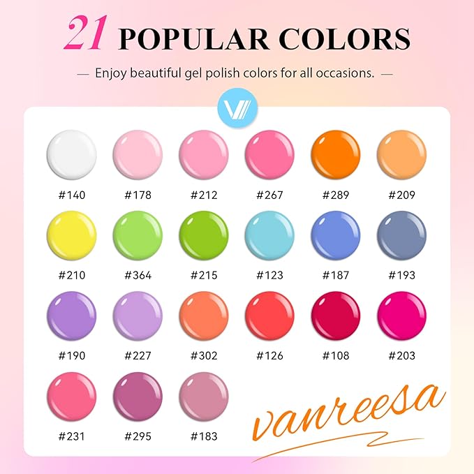 VANREESA 24 Pcs Gel Nail Polish Set, 21 Colors Gel Polish with Base Coat Glossy & Matte Top Coat Pink Orange Yellow Green Blue Purple Gray Nail Polish Set Nail Kit Gifts for Women