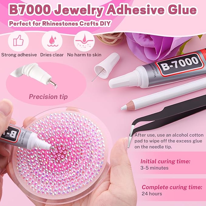 20000Pcs Pink Rhinestones for Bedazzling with 3Pcs B7000 Jewelry Glue, Resin Rhinestones for Crafting Crafts，Bedazzler Kit Flatback Gems for Clothing Shoes Tumblers Nail Art