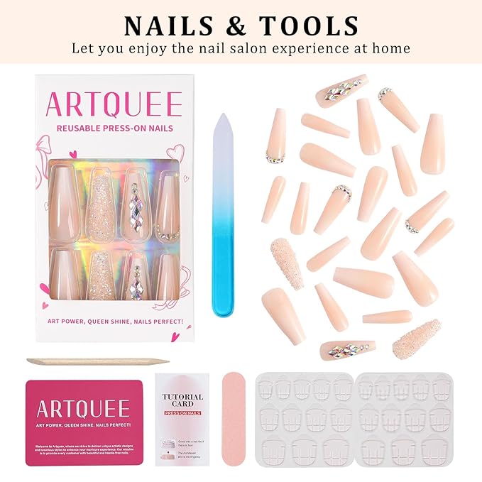 Artquee 24pcs French Nude White Ballerina Flash Diamond Crystal Long Glossy Coffin Flash Fake Nails Press on Nail False Tips Manicure for Women