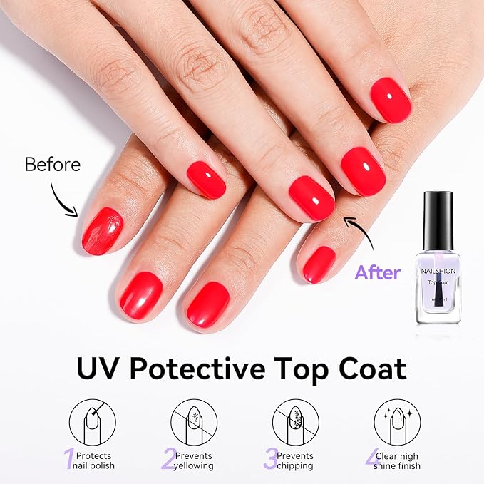 Clear Nail Polish Base Top Coat Anti-UV, 2PCS Rich in Calcium VE Nail Strengthener, High Shine Top Coat Chip Resistant Quick Air Dry Prevents Discoloration, Vegan Cruelty-free