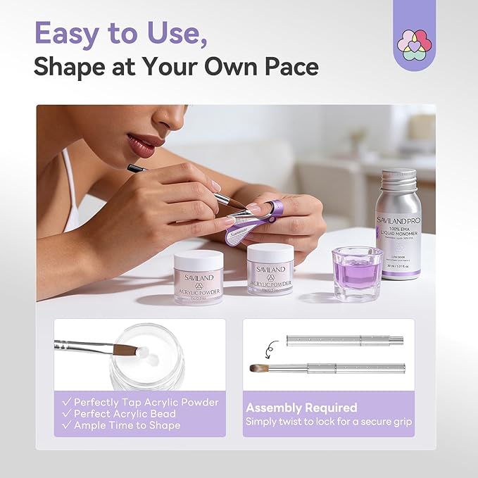 SAVILAND Acrylic Nail Kit for Beginners: Clear Pink Nude Acrylic Powder and Liquid Set with #12 Nail Brush File Forms Dappen Dish for Acrylic Nails Extension & 3D Carving Home DIY Salon Manicure