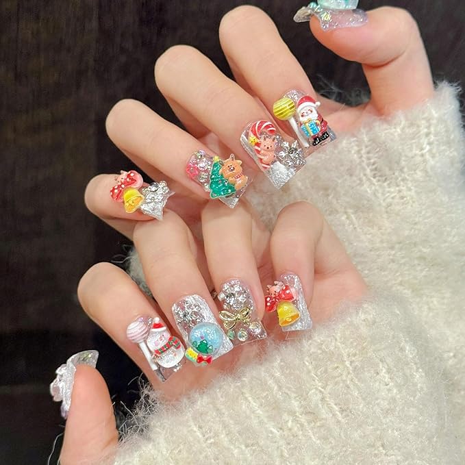 10Pcs Cute Christmas Press on Nails Handmade Duck Fake Nails with 3D Christmas Cartoon Design Medium False Nails Handmade Acrylic Nails Press ons Xmas Artificial Glue on Nail for Women (M)