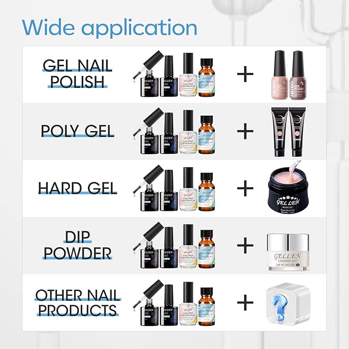 Gellen Nail Prep Dehydrator, Nail Primer & Top Coat Gel & Gel Base Coats
