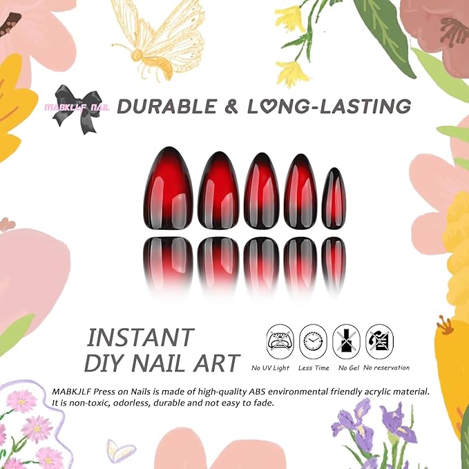 Wine Red Press on Nails Medium Almond MABKJLF Fake Nails Black & Red False Nails with Gradient Designs Solid Colour Glossy Glue on Nail Full Cover Acrylic Nails for Women Girls 24Pcs