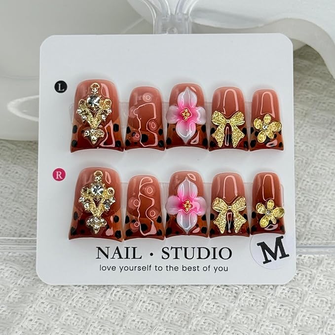 Handmade Press on Nails Short Duck Fake Nails Leopard Print Gradient French Design Luxury Gems False Nails Gold Bow and Flower Handmade Press ons Nail Reusable Nails for Women Decorations (Size M)